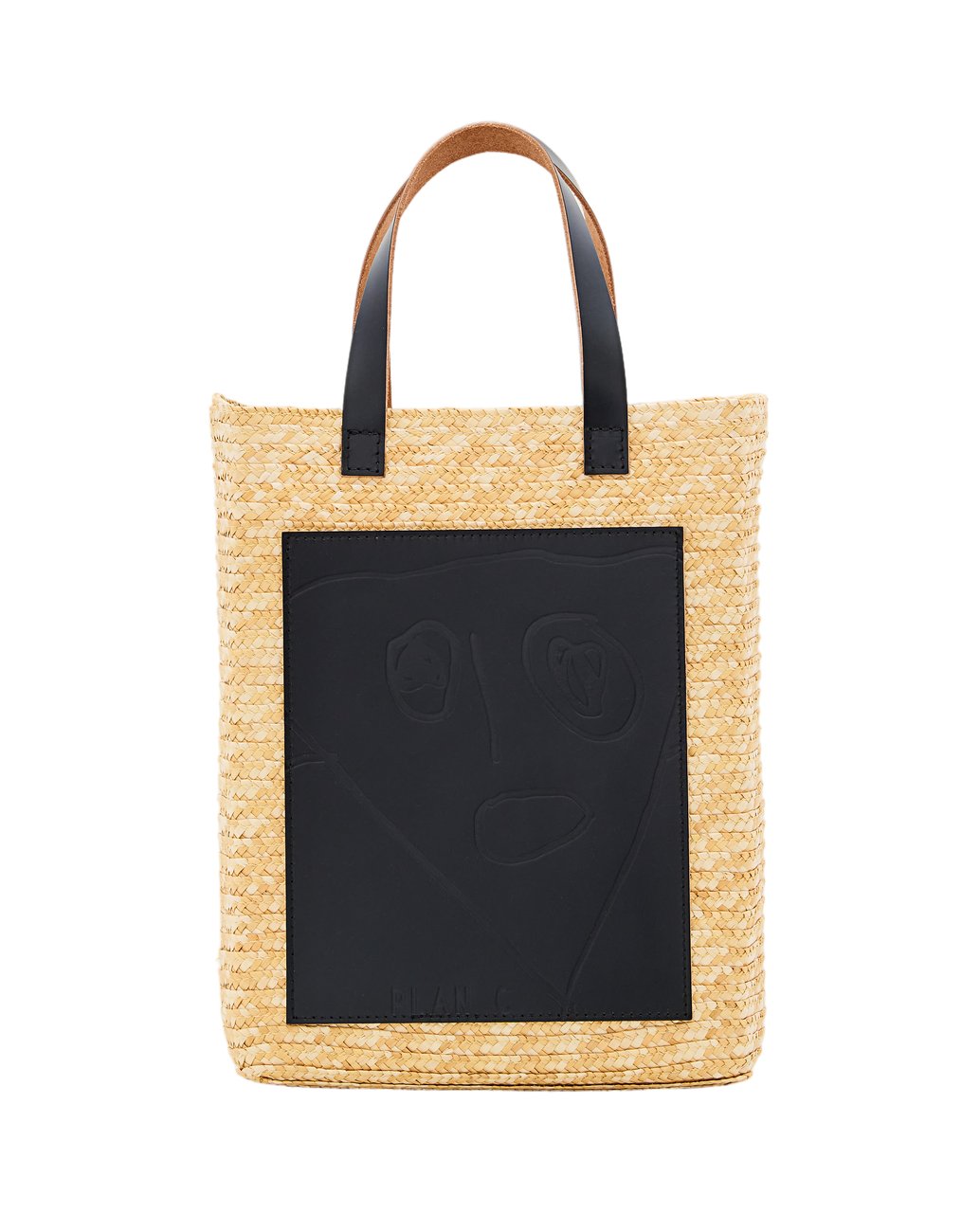 Plan C Woven Straw Medium Shopper Bag With Adjustable Strap And Abstract Design Neutraal