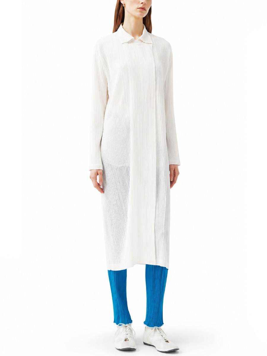 Pleats Please Long Lightweight Coat with Subtle Pleated Texture Wit