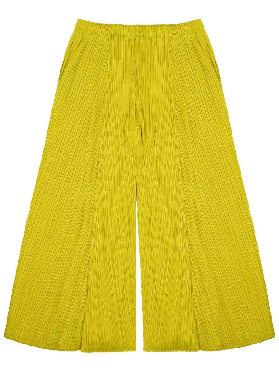 Pleats Please Pleated Wide-Leg Trousers with Elastic Waistband Geel