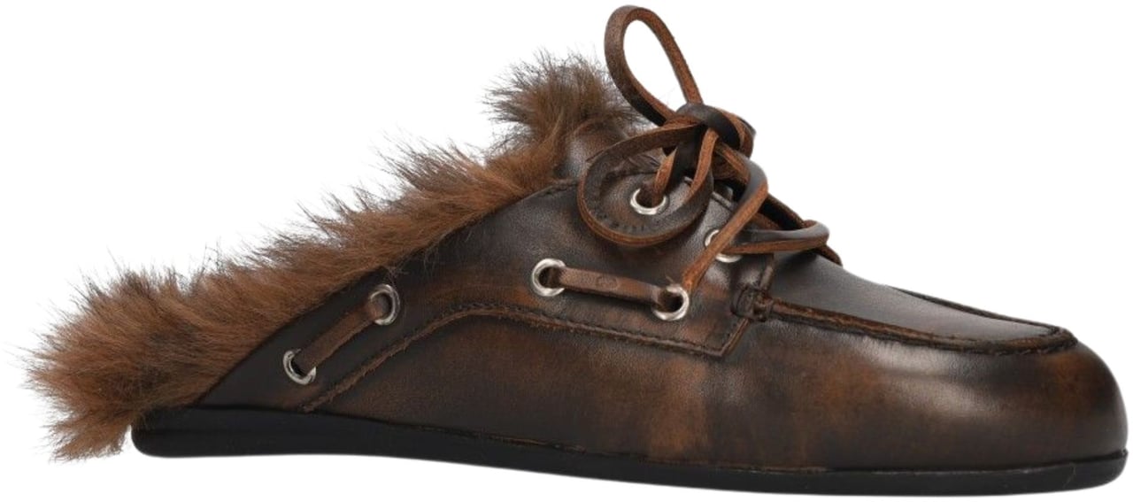 Posa Pw23 Loafers Donkerbruin Boat Loafer Mule Fairy Fur - Leather Bruin