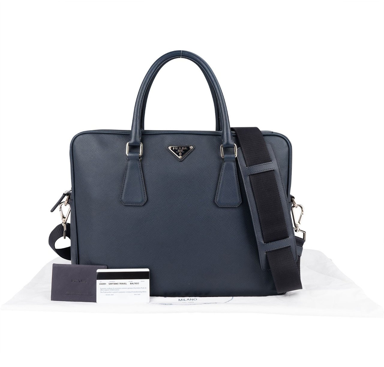 Prada Prada Bleu Saffiano Leather Business Handbag Crossbody Bag Navy