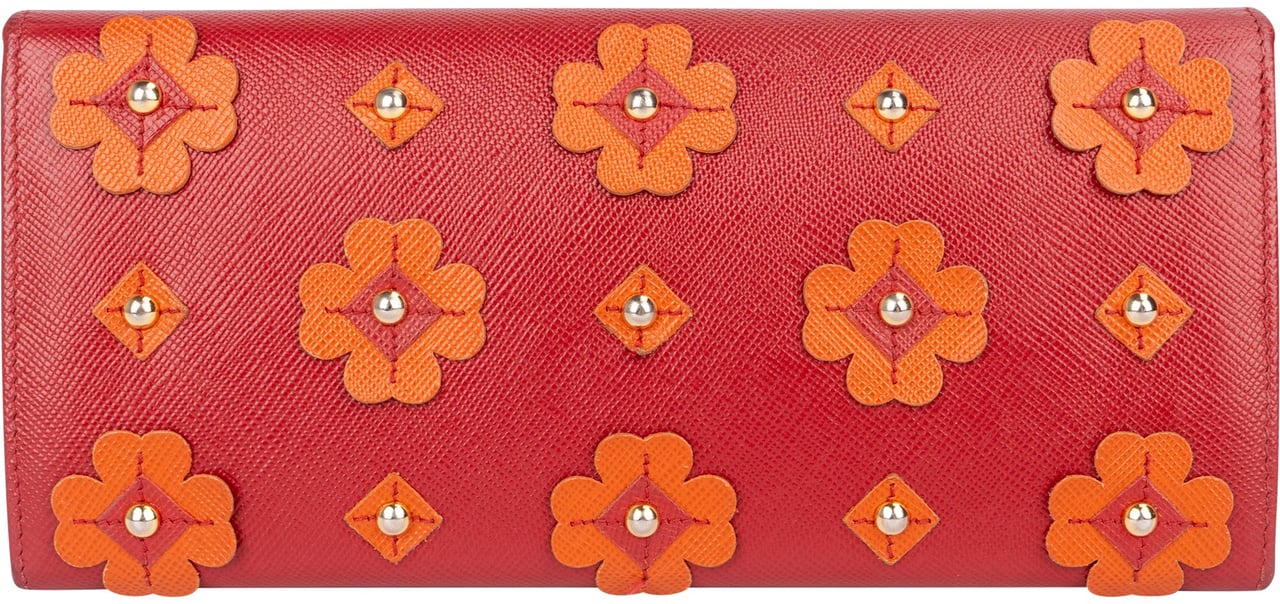 Prada Prada Saffiano Leather Floral Applique Continental Wallet Rood