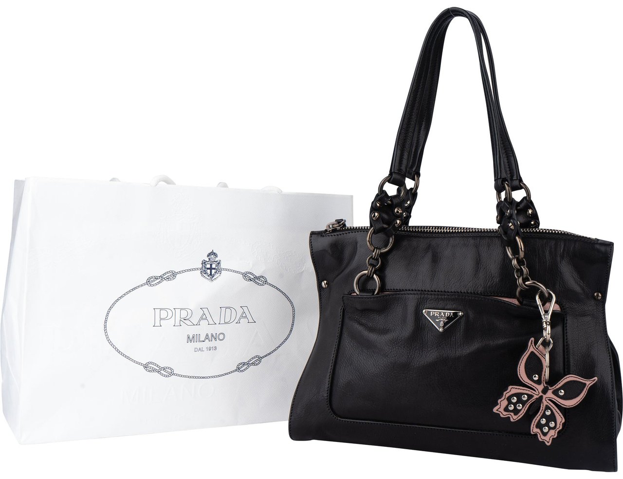Prada Prada Black Leather Triangle Butterfly Handbag Zwart