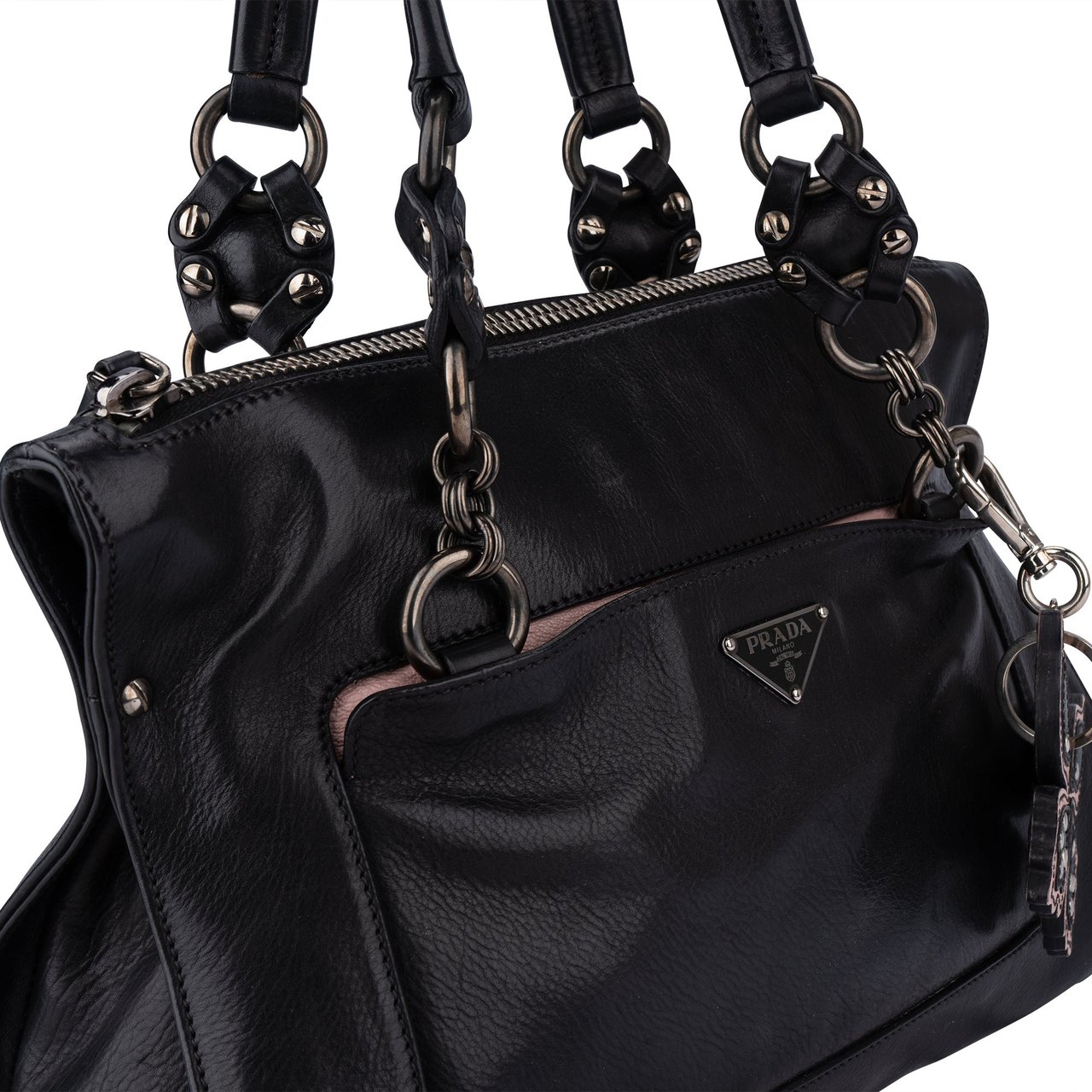 Prada Prada Black Leather Triangle Butterfly Handbag Zwart