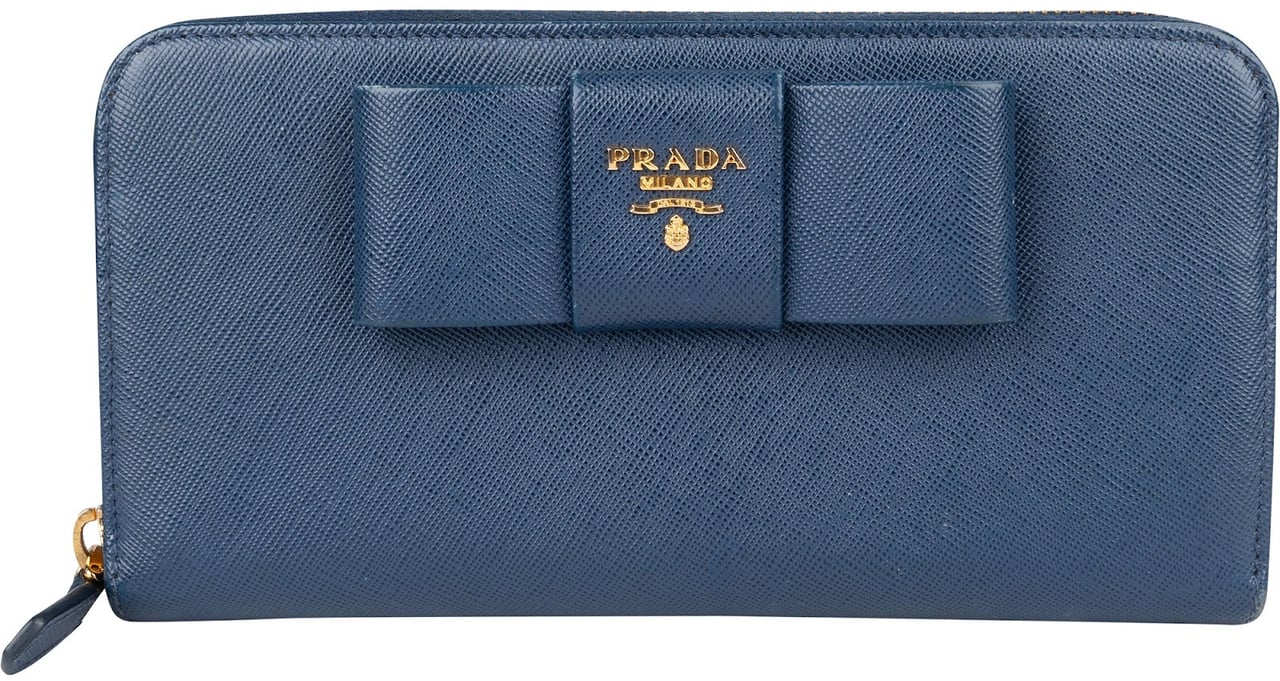 Prada Prada Saffiano Fiocco Leather Zip Around Wallet Blauw