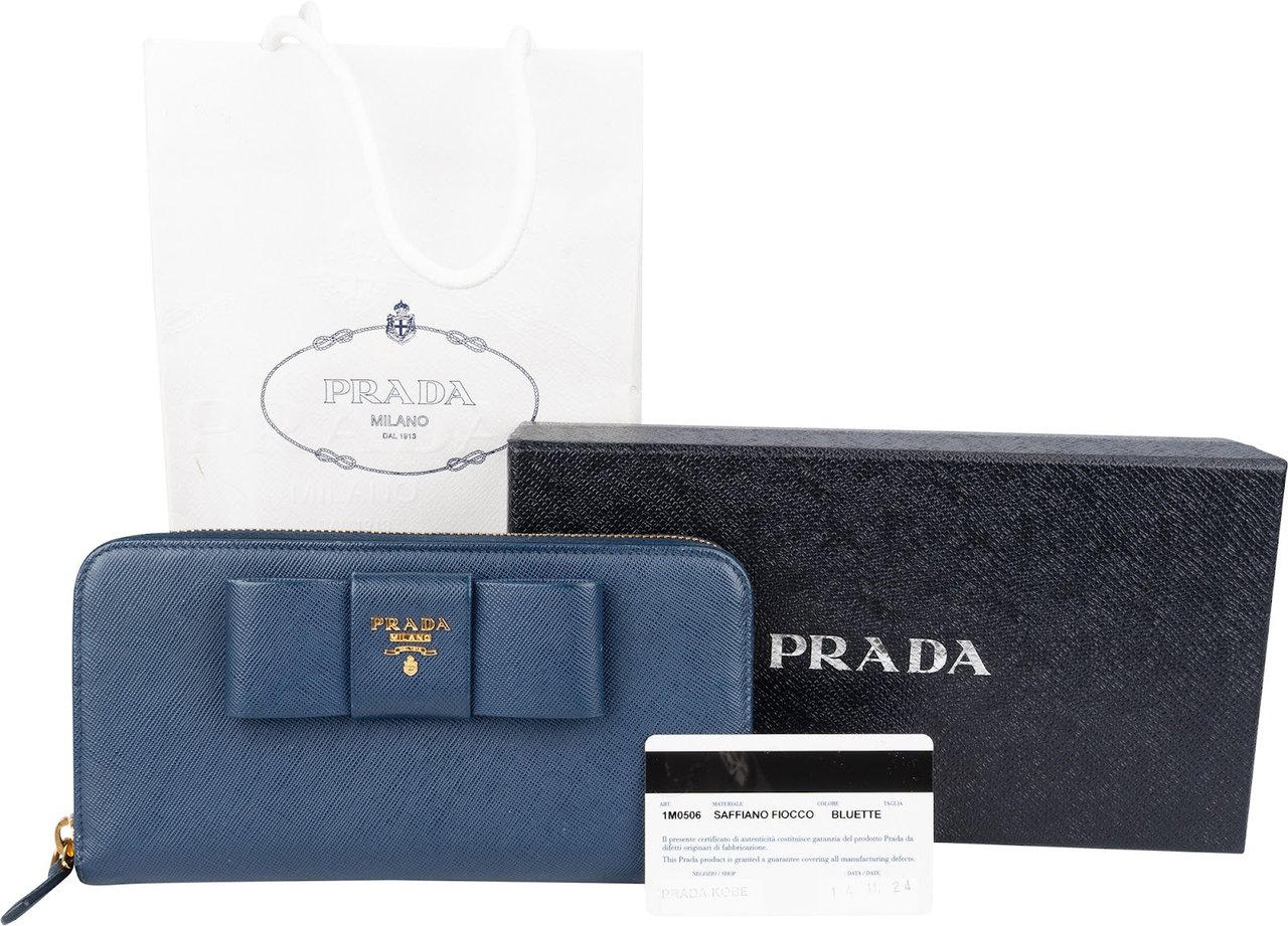 Prada Prada Saffiano Fiocco Leather Zip Around Wallet Blauw