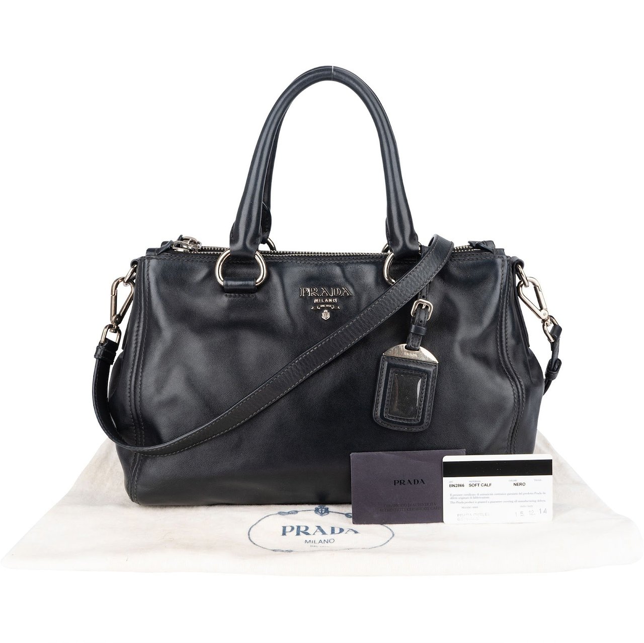 Prada Prada Black Leather Vitello Double Zip Handbag Zwart