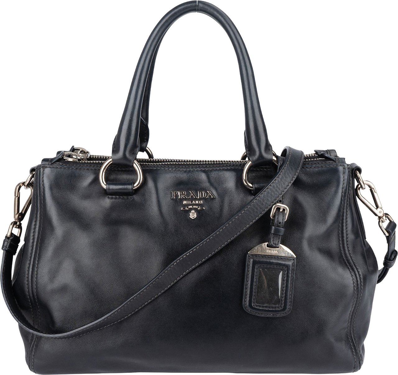 Prada Prada Black Leather Vitello Double Zip Handbag Zwart