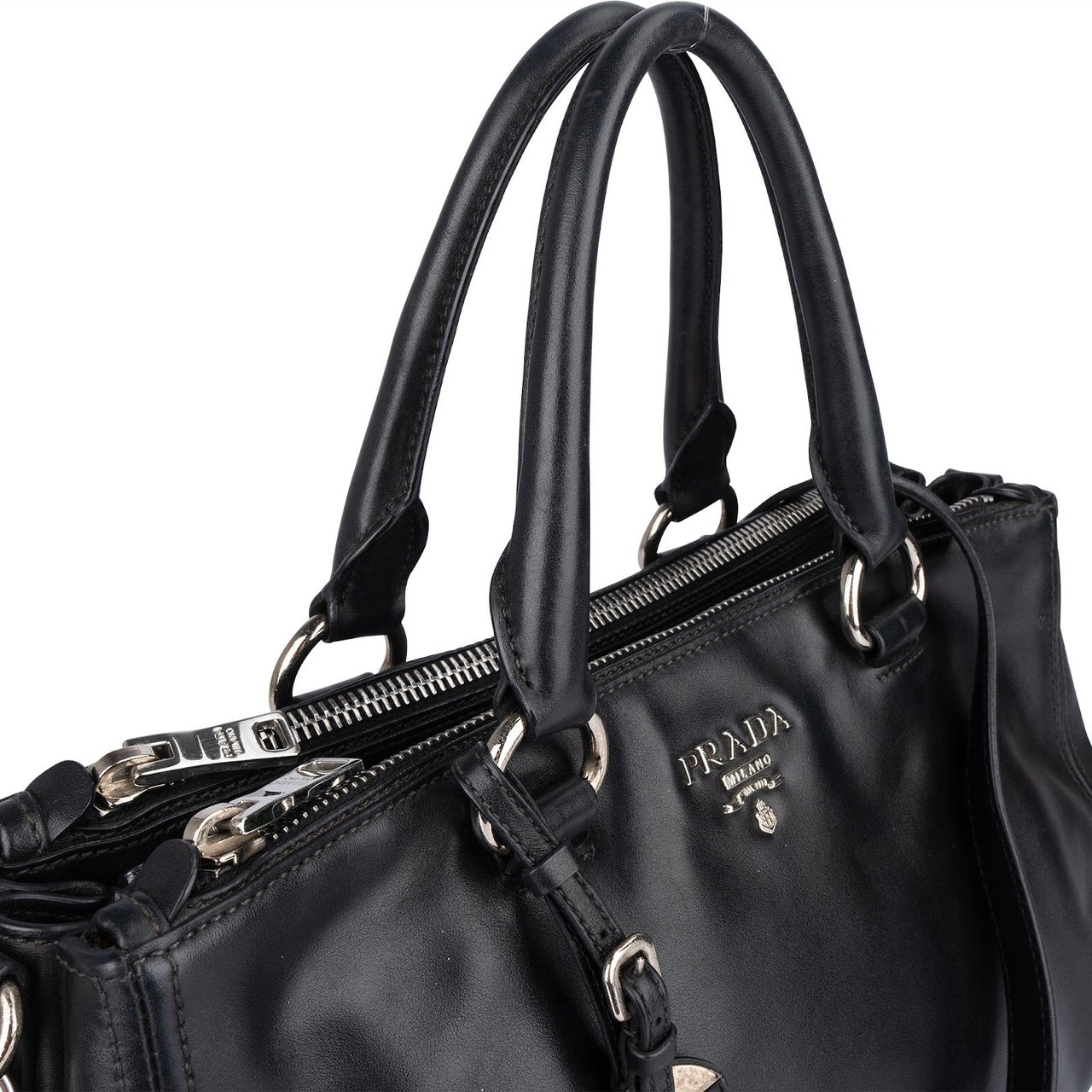Prada Prada Black Soft Leather Vitello Double Zip Handbag Zwart