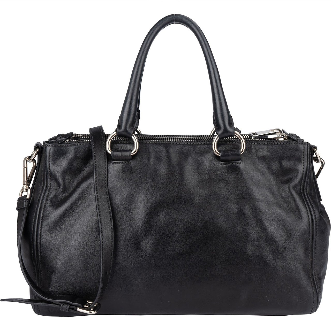 Prada Prada Black Soft Leather Vitello Double Zip Handbag Zwart