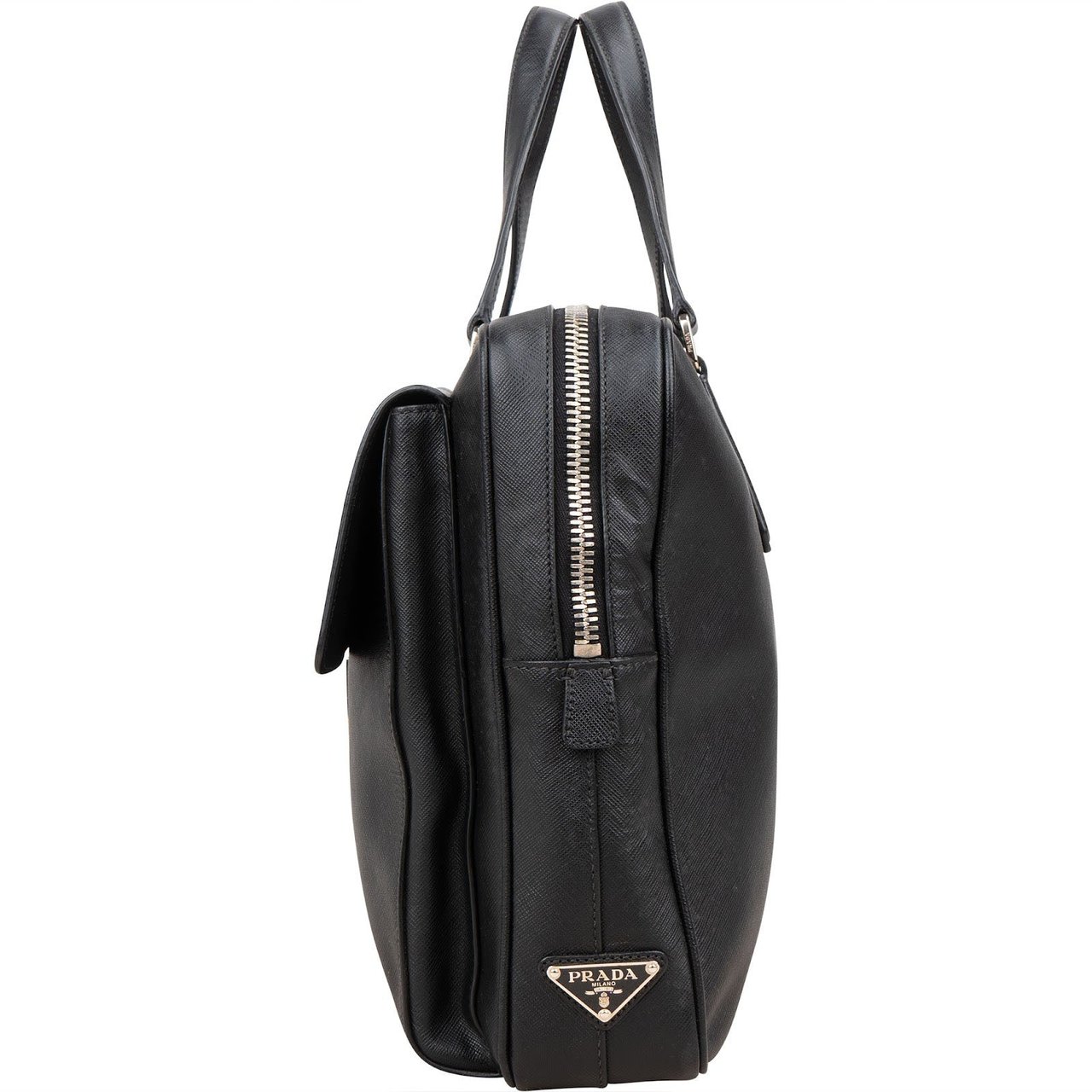 Prada Prada Black Saffiano Leather Triangle Business Handbag Zwart