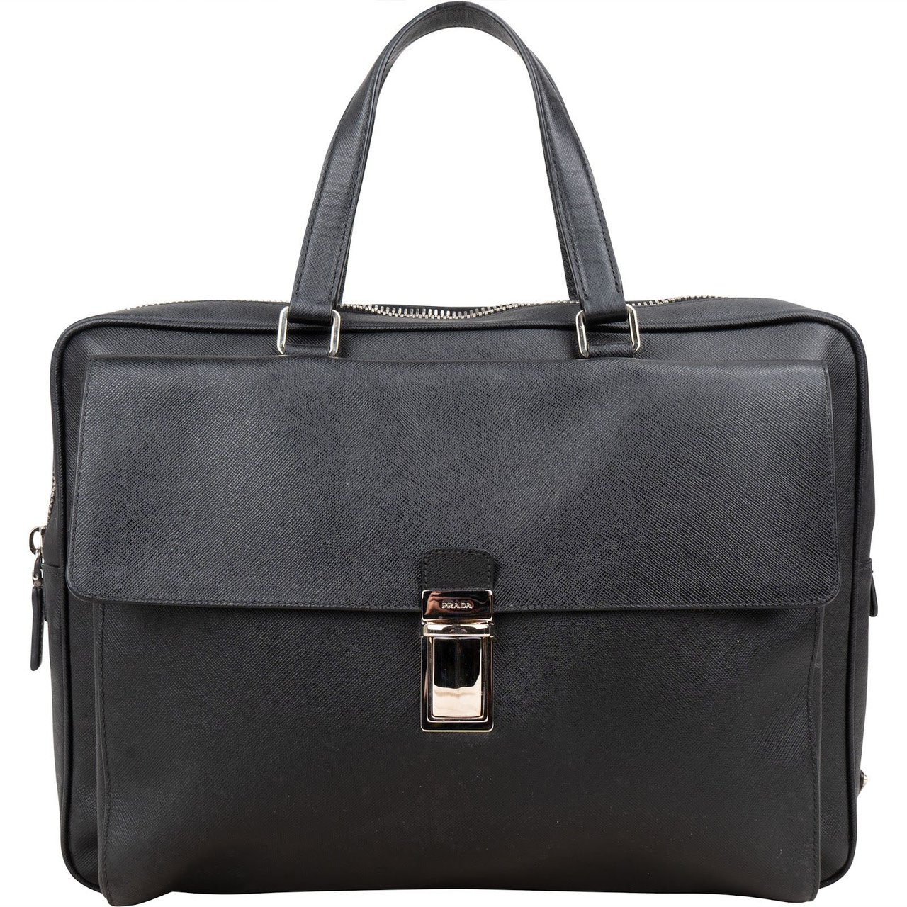 Prada Prada Black Saffiano Leather Triangle Business Handbag Zwart