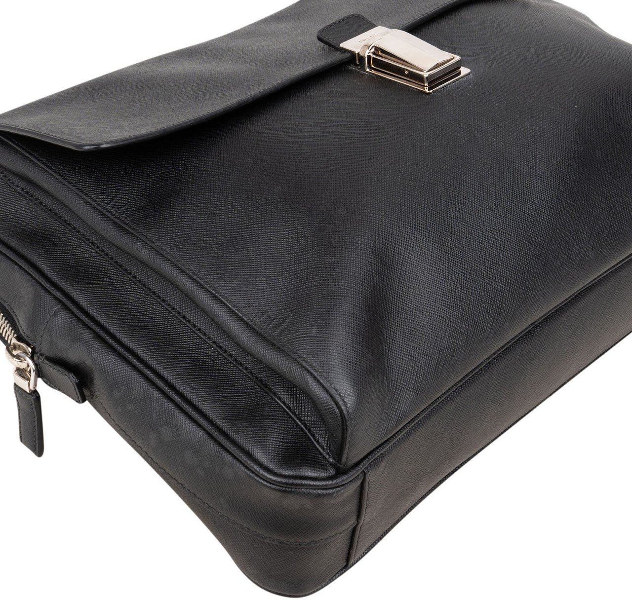 Prada Prada Black Saffiano Leather Triangle Business Handbag Zwart