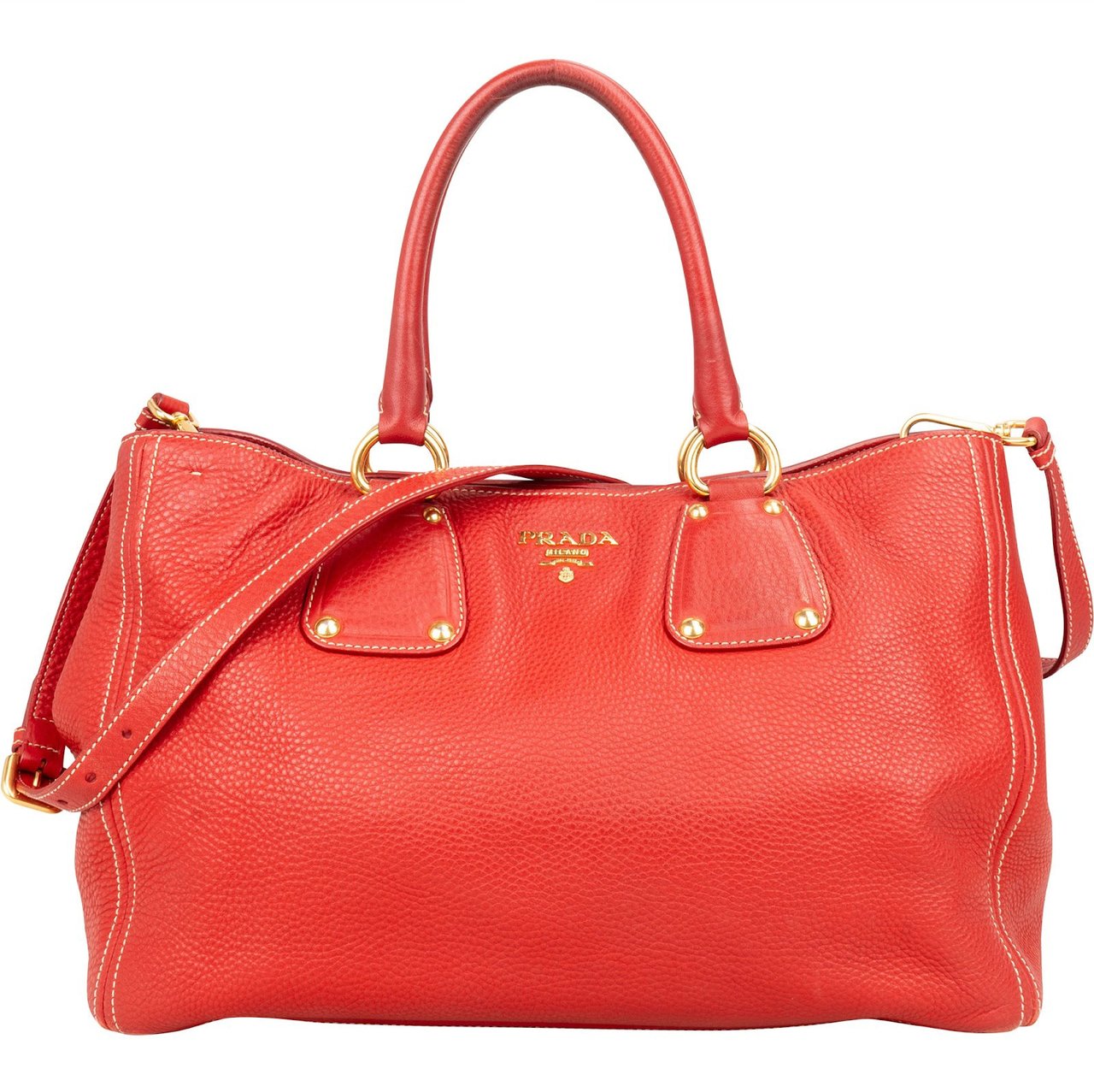 Prada Grained Red Vitello Daino Tote Handbag Rood
