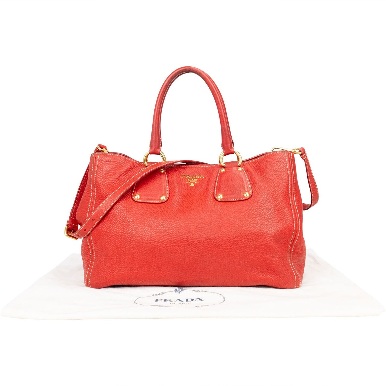 Prada Prada Grained Red Vitello Daino Tote Handbag Rood