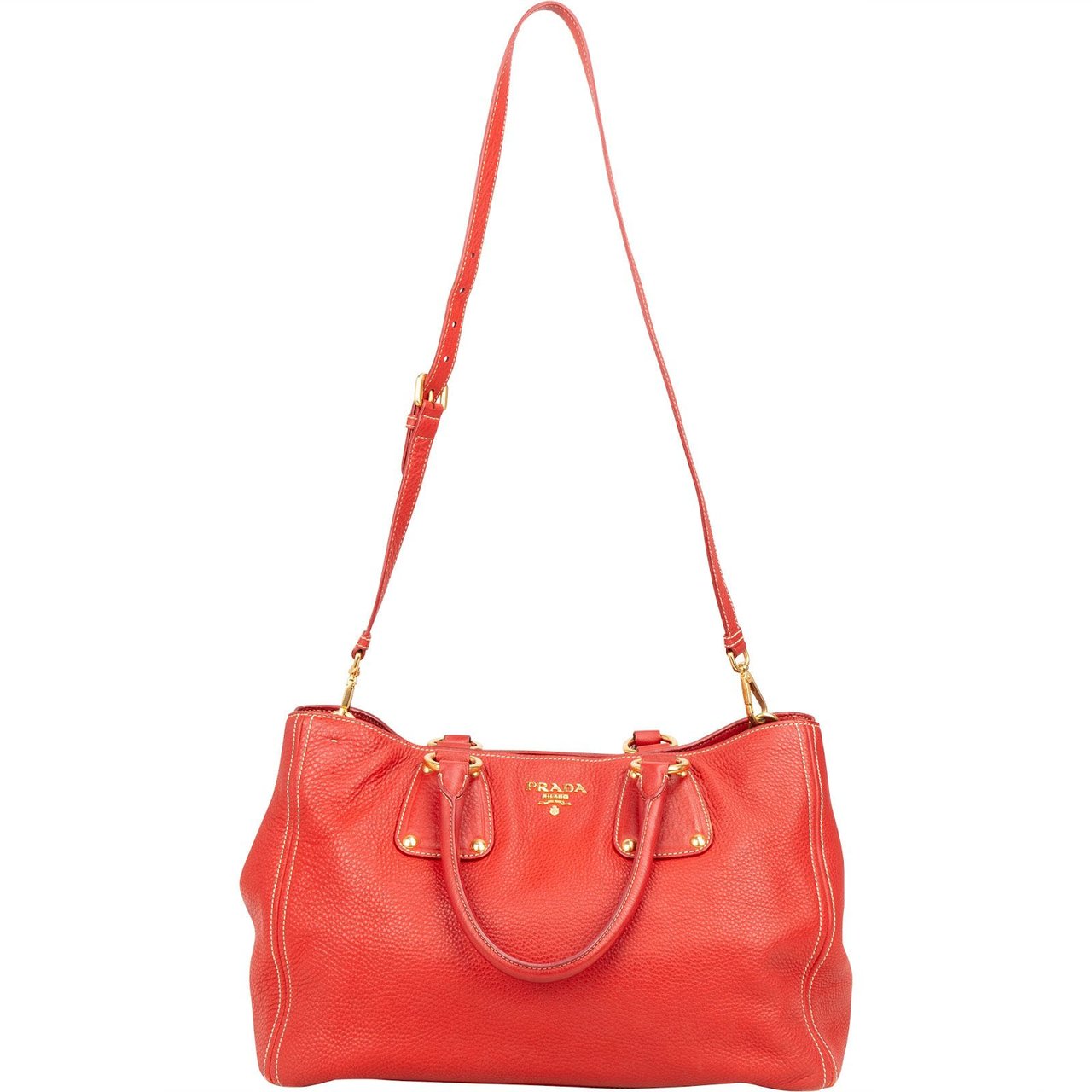 Prada Prada Grained Red Vitello Daino Tote Handbag Rood