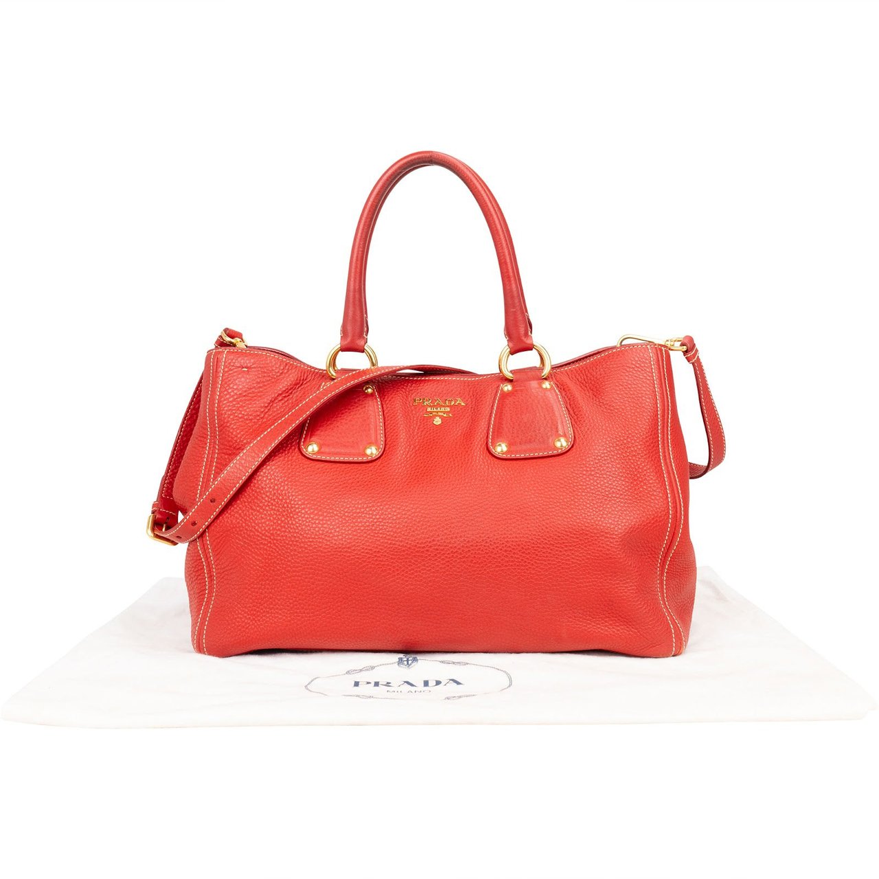 Prada Grained Red Vitello Daino Tote Handbag Rood