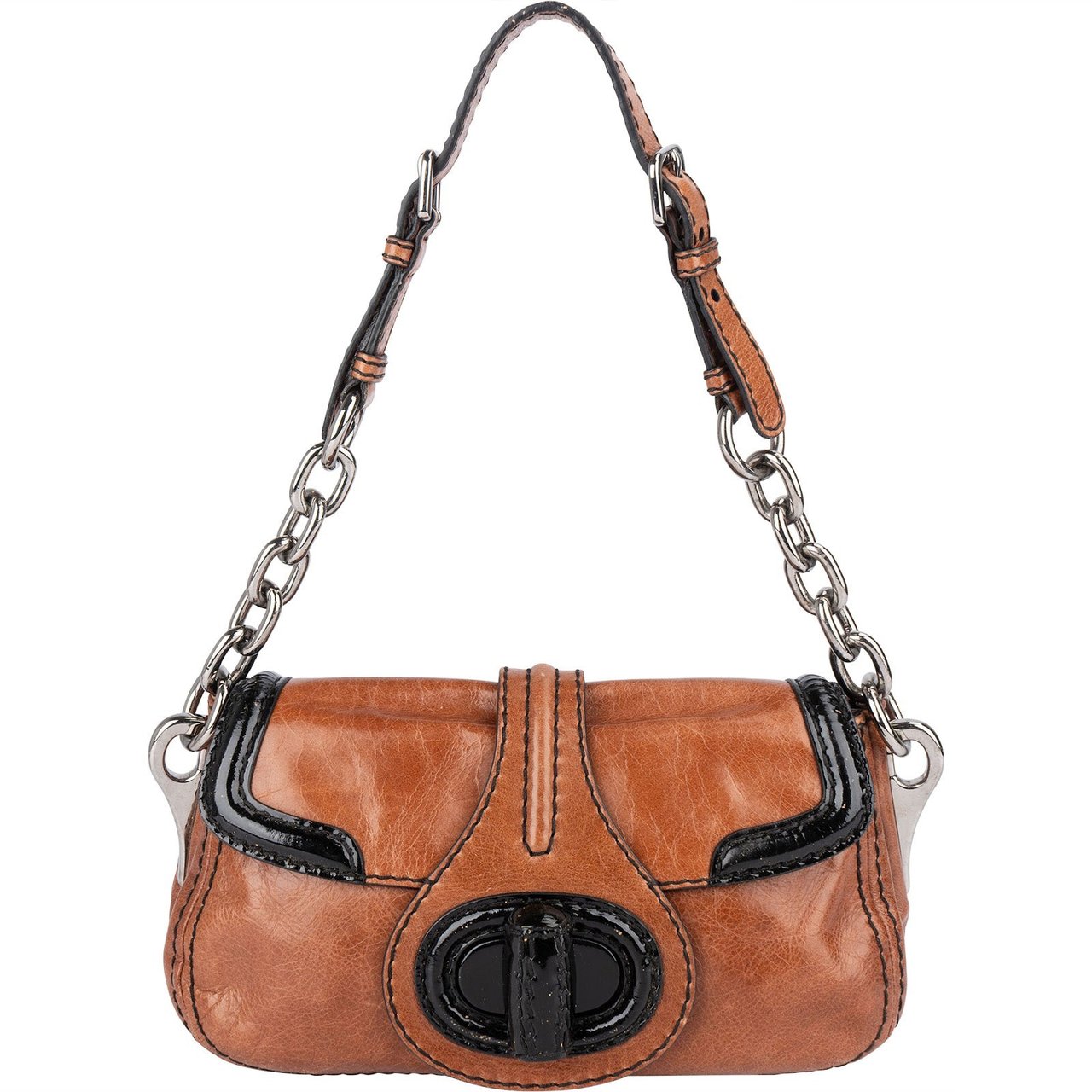 Prada Vitello Antic Chain Shoulder Bag Bruin