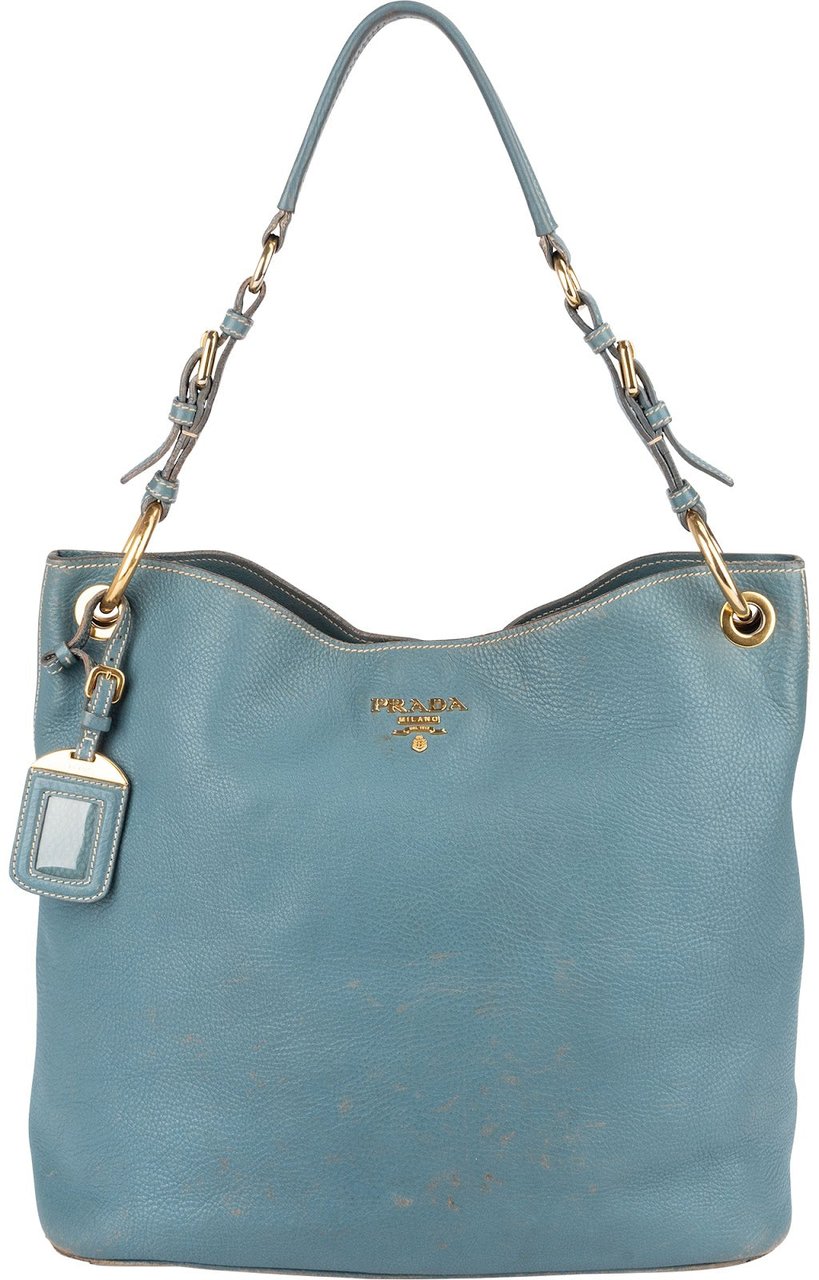 Prada Blue Vitello Daino Leather Hobo Shoulder Bag Blauw