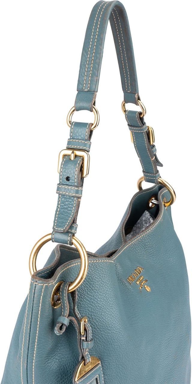 Prada Blue Vitello Daino Leather Hobo Shoulder Bag Blauw