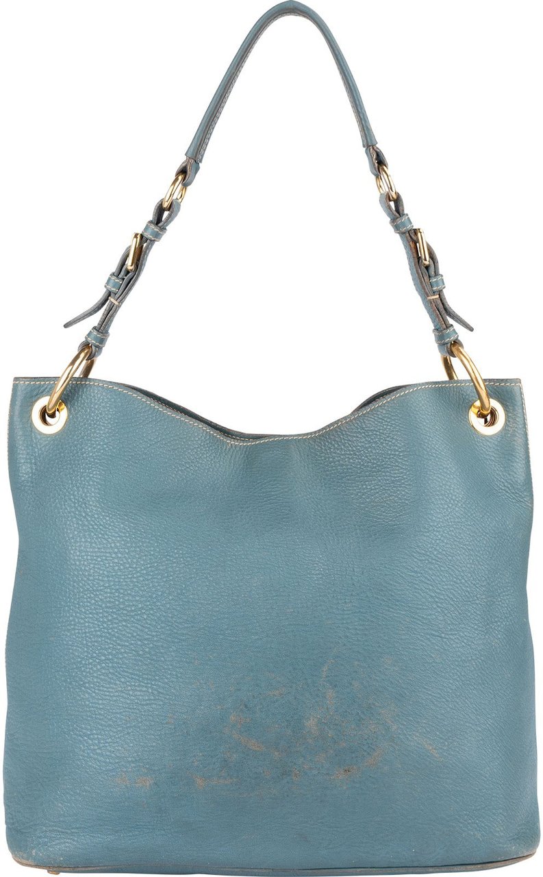 Prada Blue Vitello Daino Leather Hobo Shoulder Bag Blauw