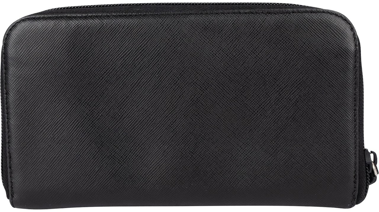 Prada Prada Black Saffiano Leather Triangle Zip Around Wallet Zwart