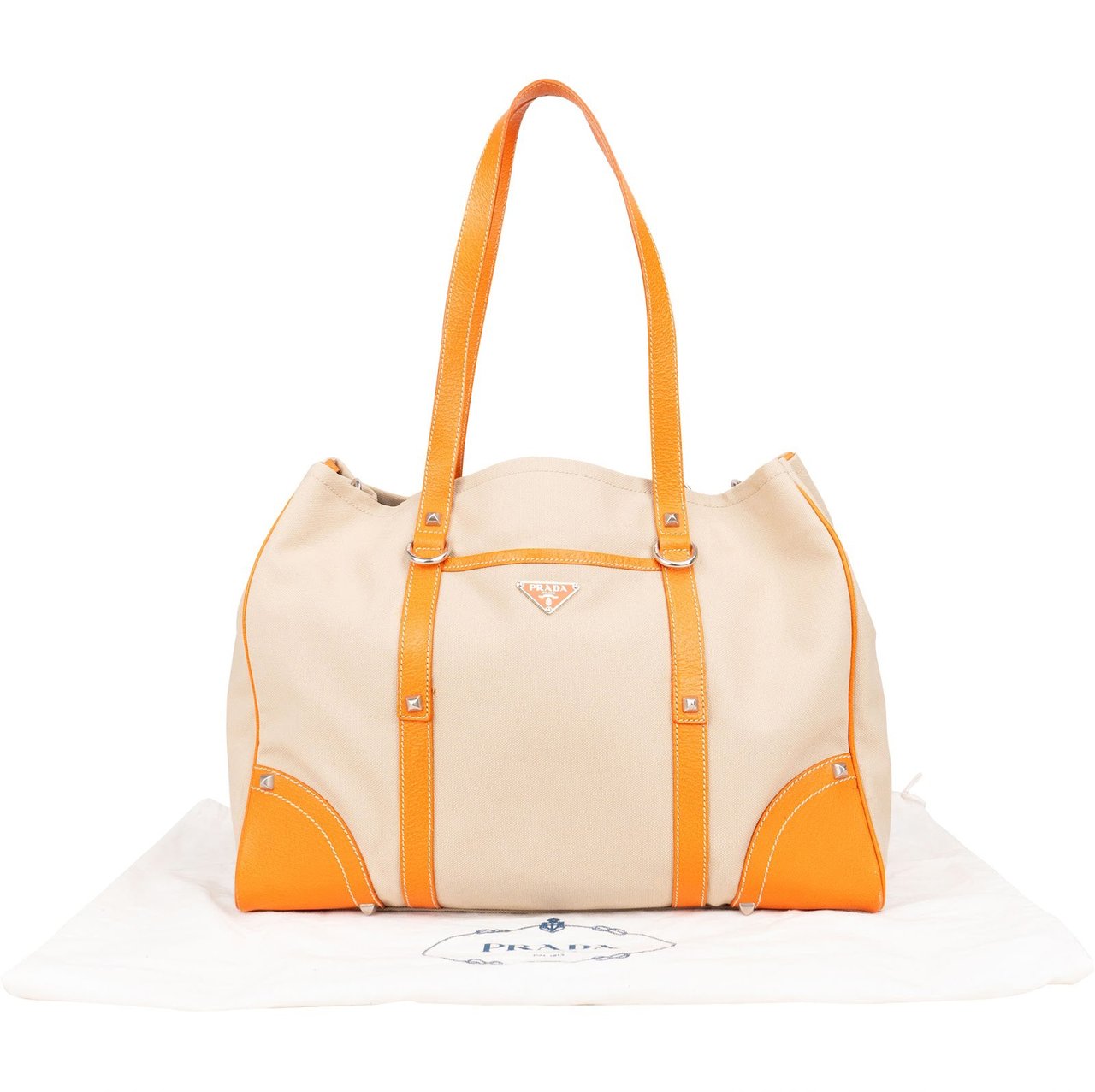 Prada Prada Canvas and Leather Studded Shoulder Bag Beige