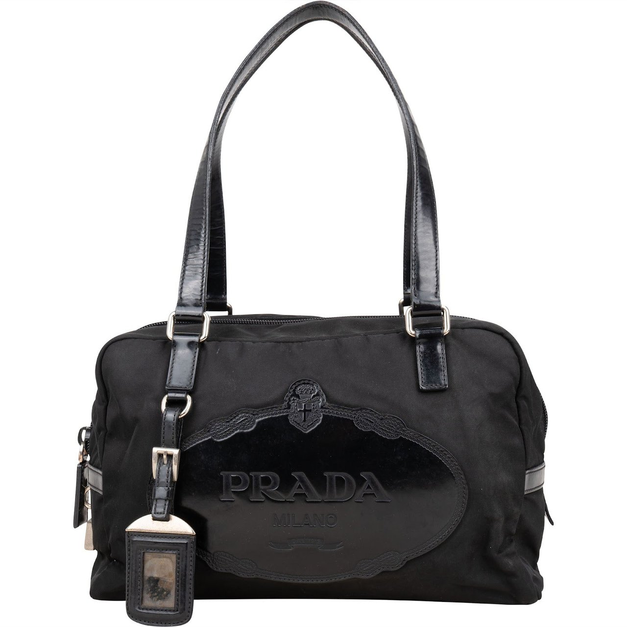 Prada Prada Tessuto Patent Leather Emblem Satchel Handbag Zwart