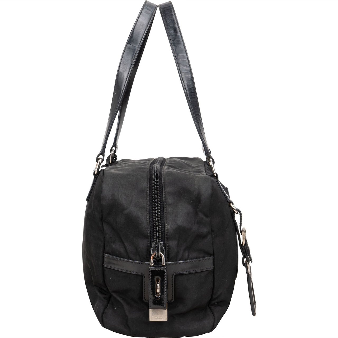 Prada Tessuto Patent Leather Emblem Satchel Handbag Zwart