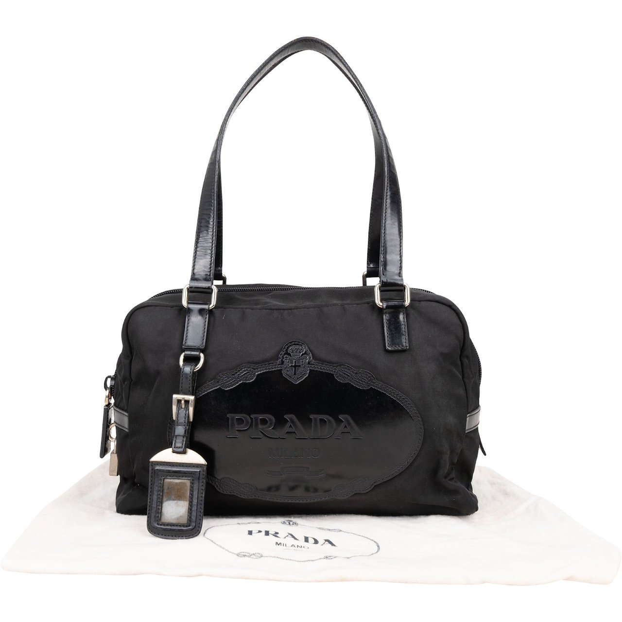 Prada Tessuto Patent Leather Emblem Satchel Handbag Zwart