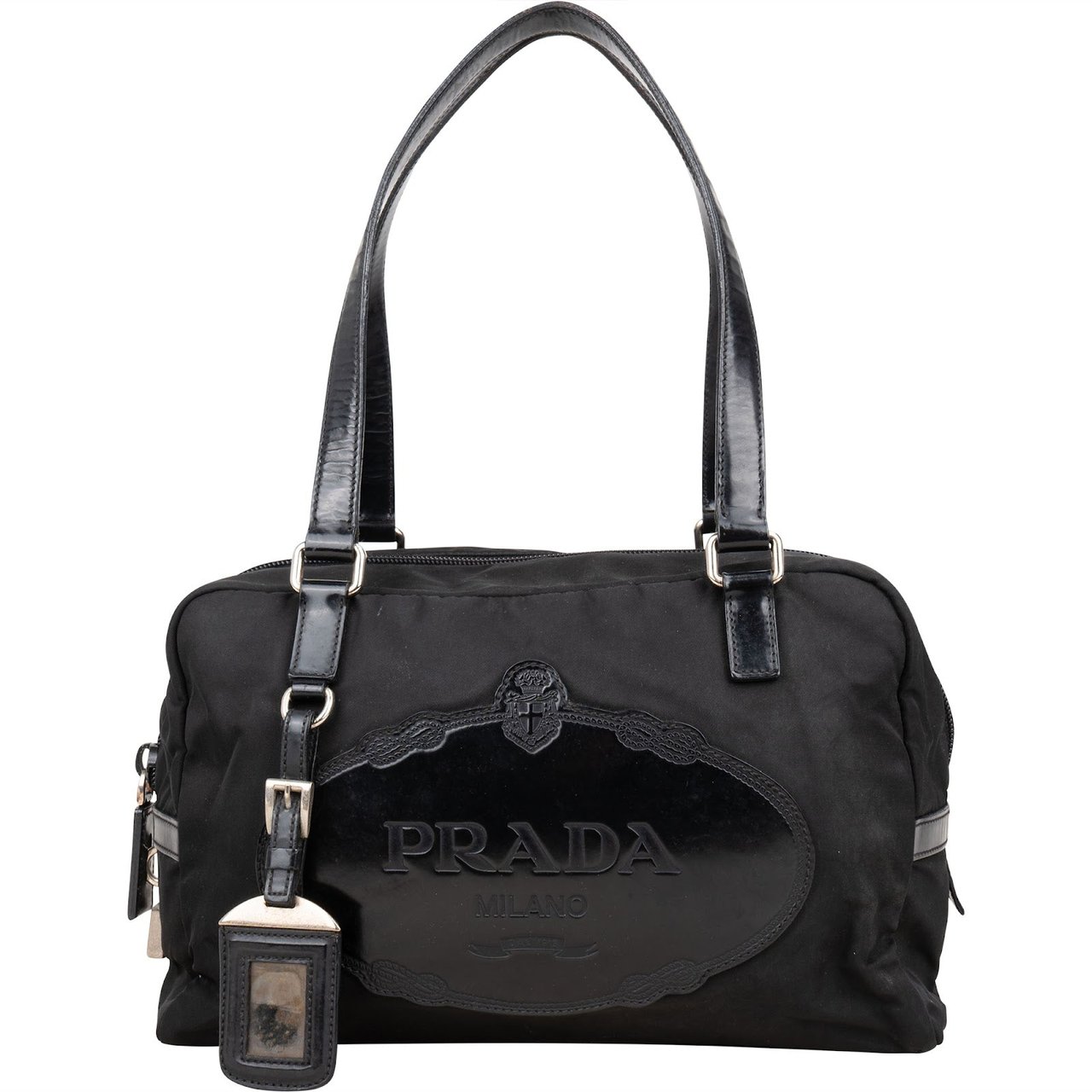 Prada Tessuto Patent Leather Emblem Satchel Handbag Zwart