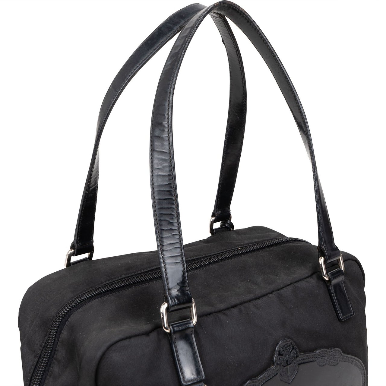 Prada Tessuto Patent Leather Emblem Satchel Handbag Zwart