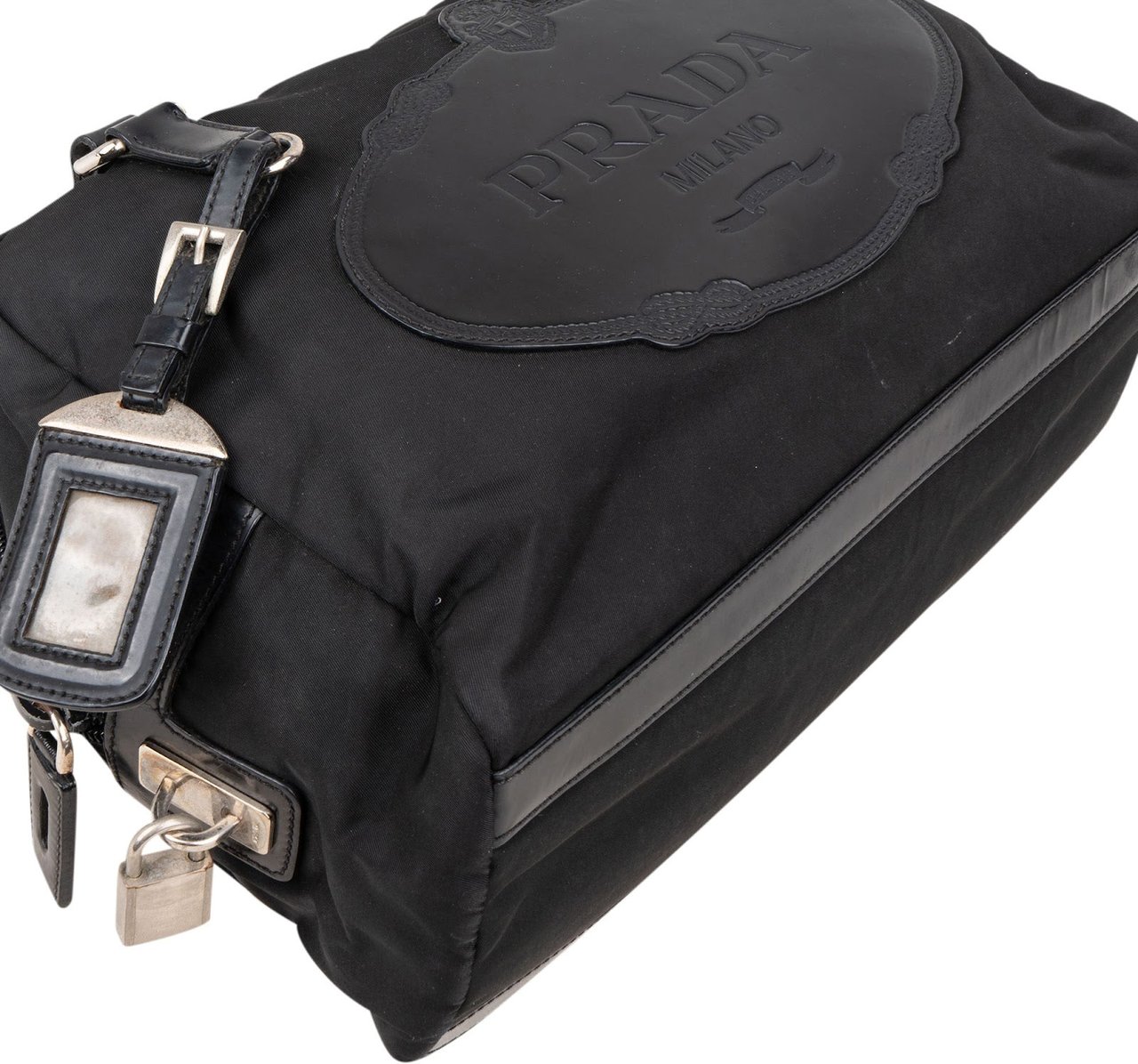 Prada Tessuto Patent Leather Emblem Satchel Handbag Zwart