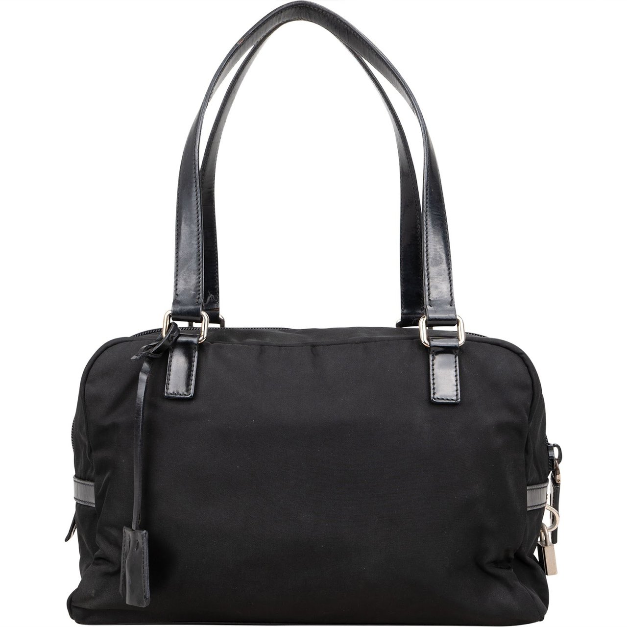 Prada Tessuto Patent Leather Emblem Satchel Handbag Zwart