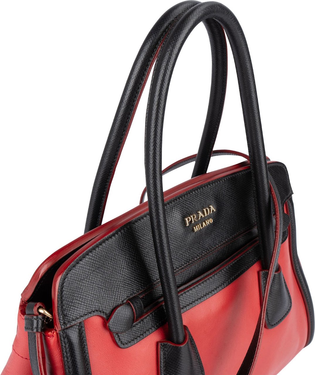 Prada Prada Saffiano and Calf Leather Twin Pocket Handbag Rood