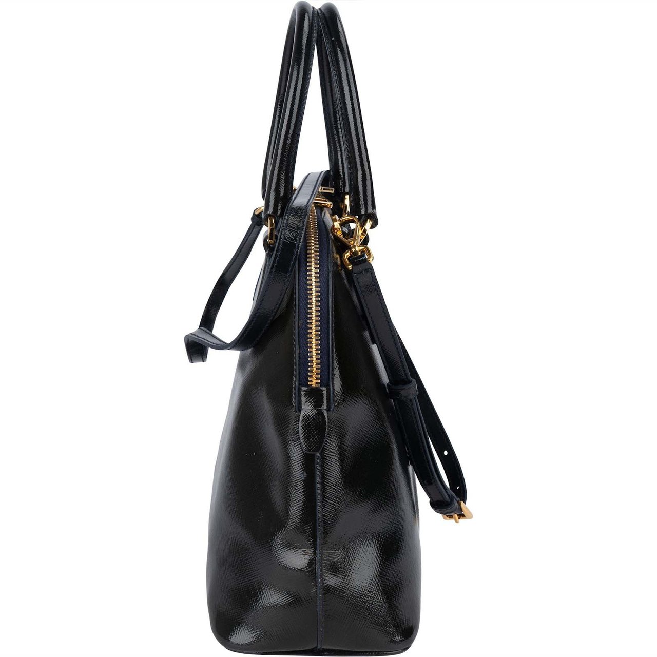 Prada Prada Patent Saffiano Vernice Leather Promenade Handbag Zwart