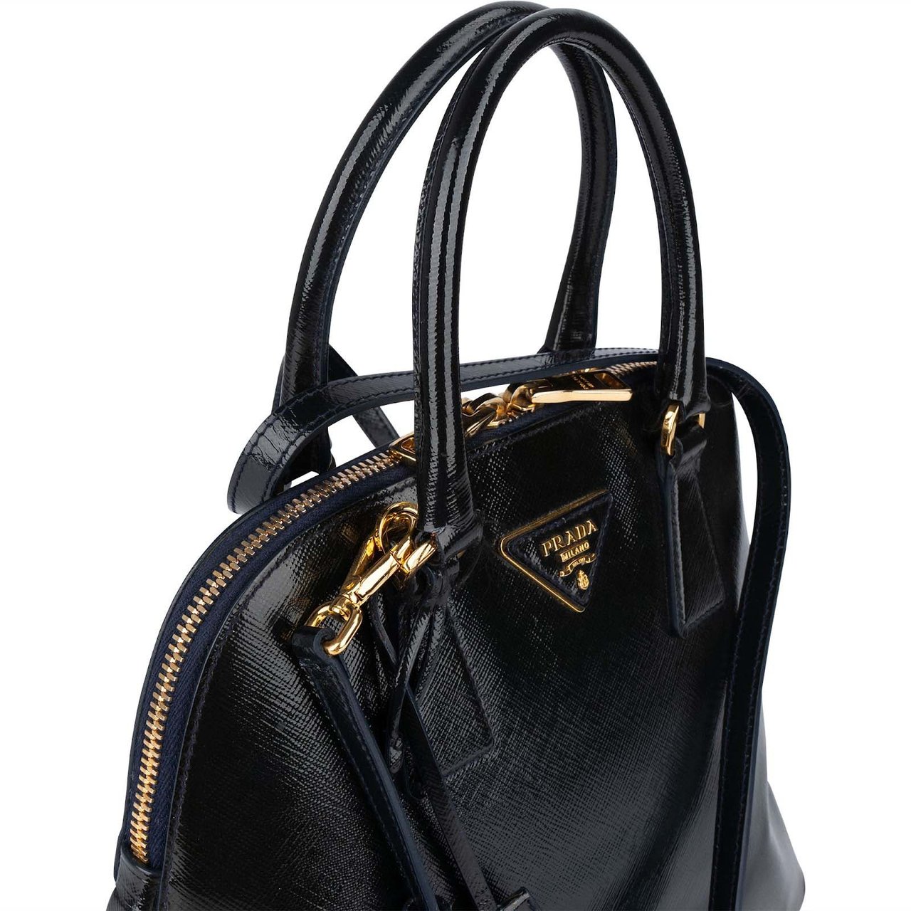 Prada Prada Patent Saffiano Vernice Leather Promenade Handbag Zwart