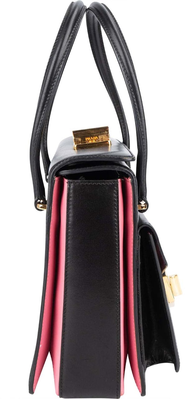 Prada Prada Calfskin Leather Double Turnlock Handbag Zwart