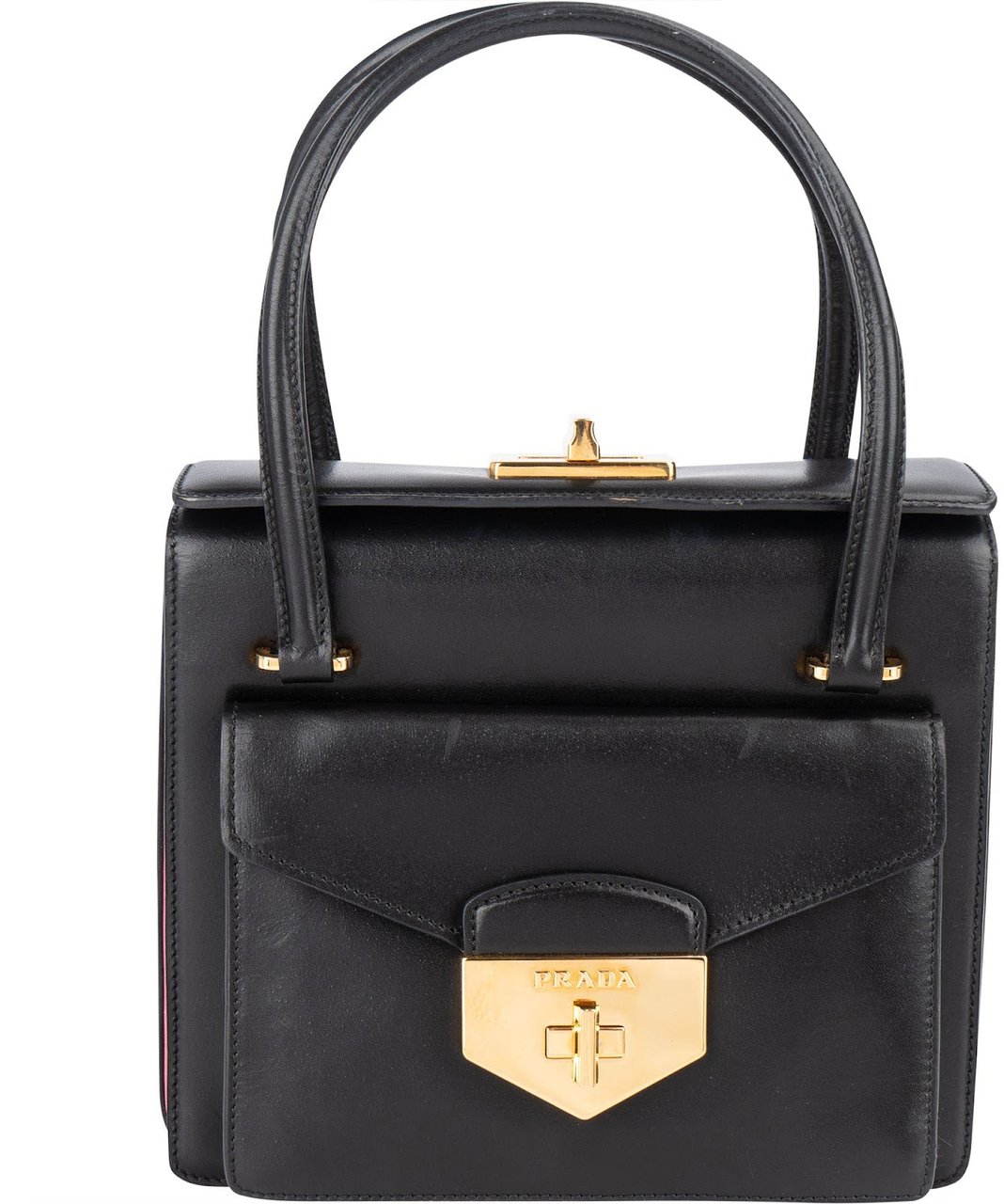 Prada Calfskin Leather Double Turnlock Handbag Zwart