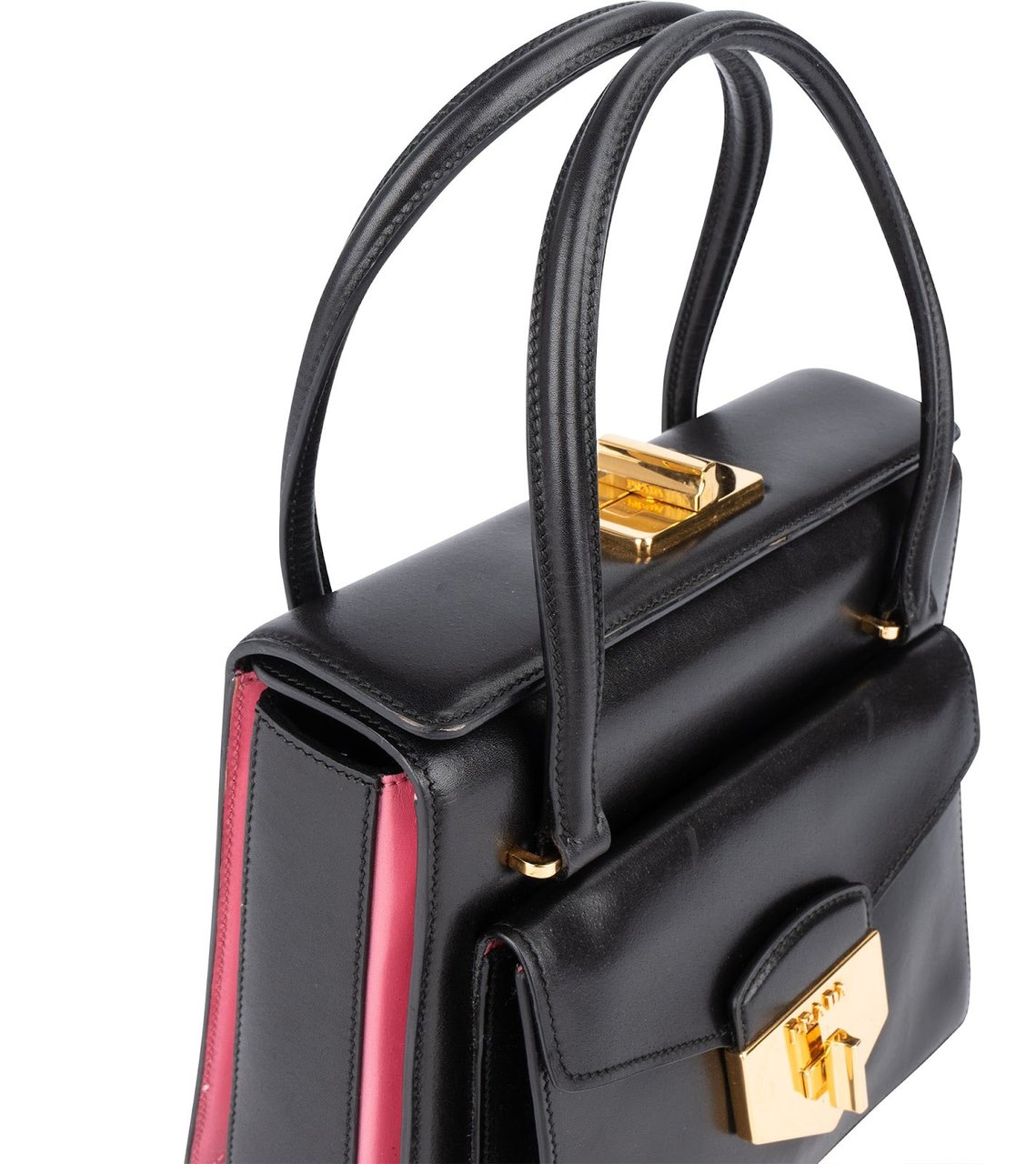 Prada Calfskin Leather Double Turnlock Handbag Zwart