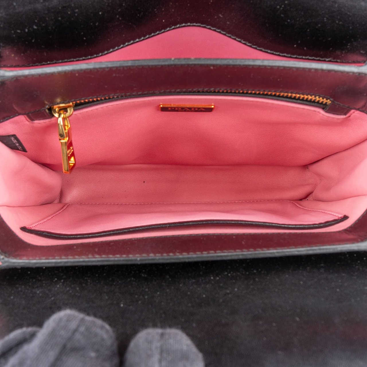 Prada Calfskin Leather Double Turnlock Handbag Zwart