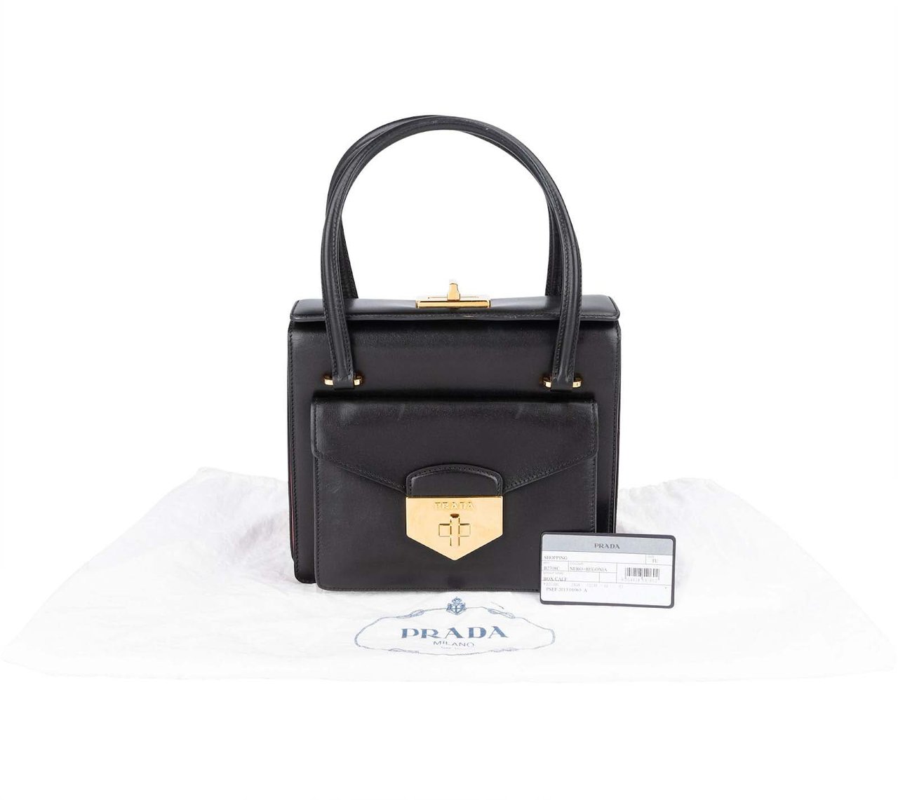 Prada Prada Calfskin Leather Double Turnlock Handbag Zwart