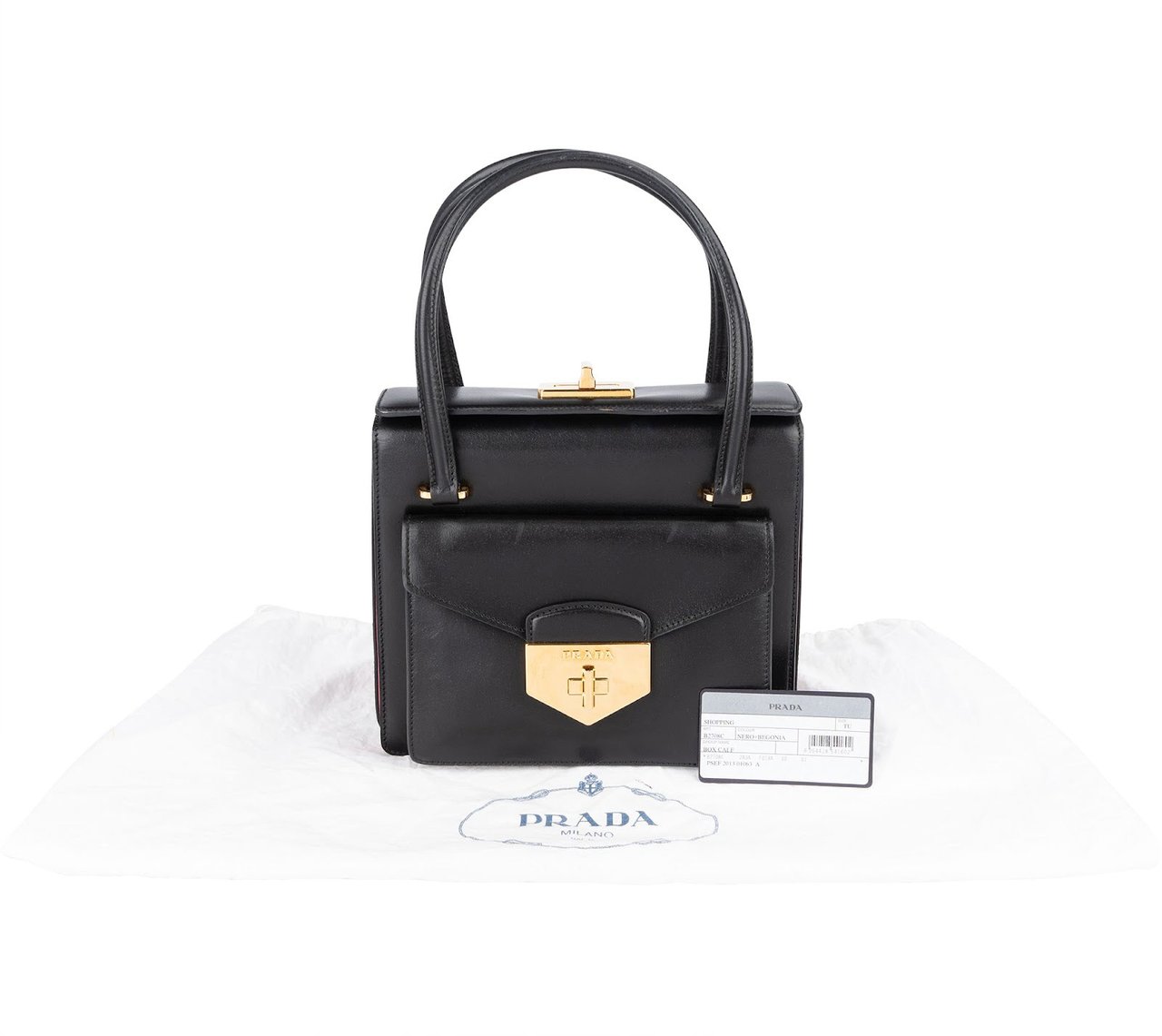 Prada Calfskin Leather Double Turnlock Handbag Zwart