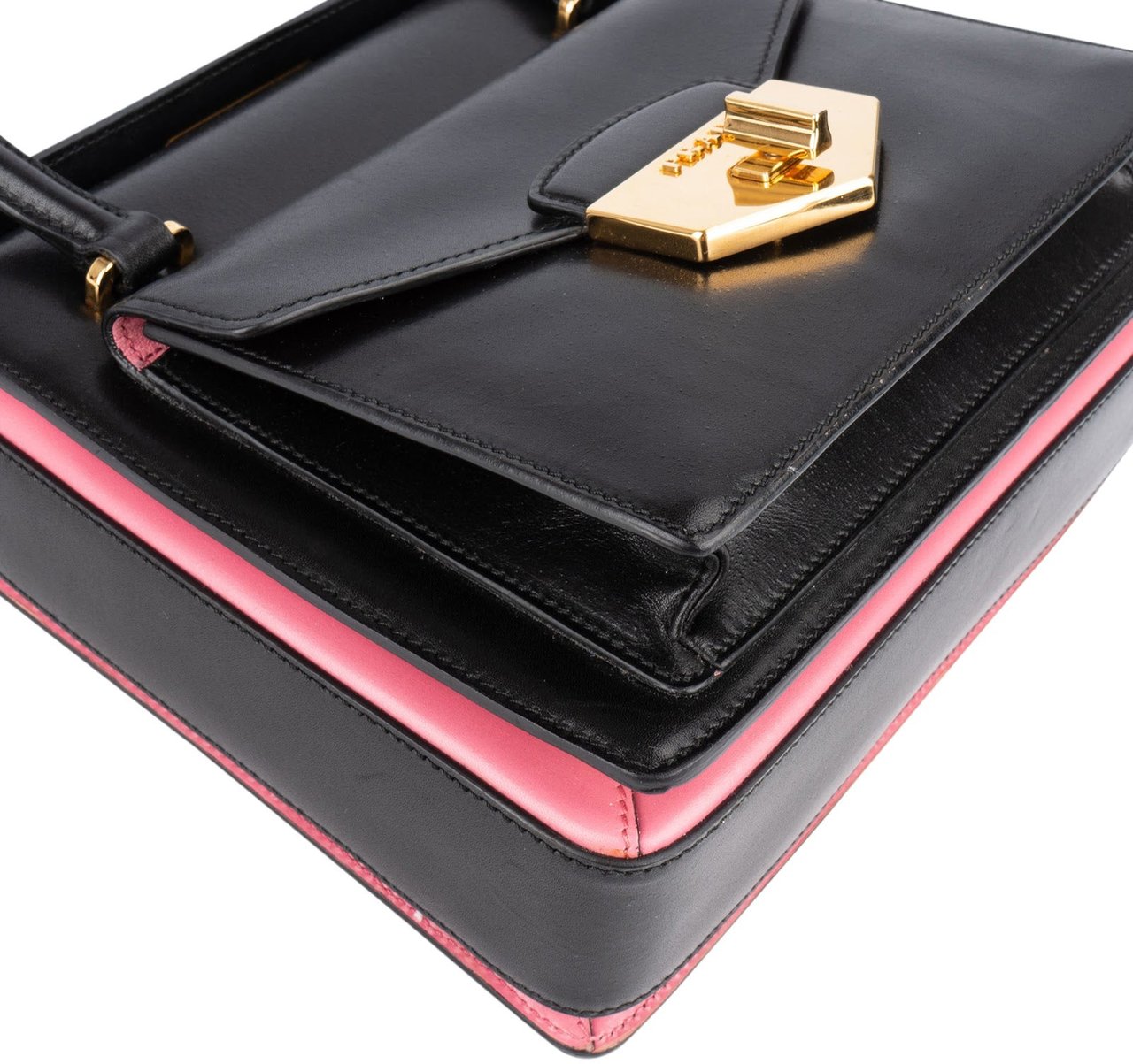 Prada Calfskin Leather Double Turnlock Handbag Zwart