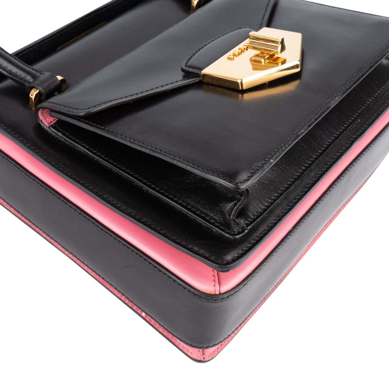 Prada Prada Calfskin Leather Double Turnlock Handbag Zwart