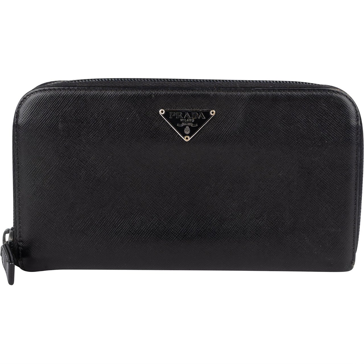 Prada Prada Black Saffiano Leather Triangle Zip Around Wallet Zwart