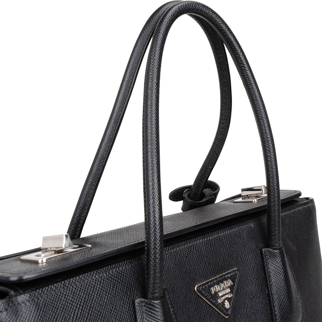 Prada Black Saffiano Leather Lux Turnlock Double Handbag Zwart