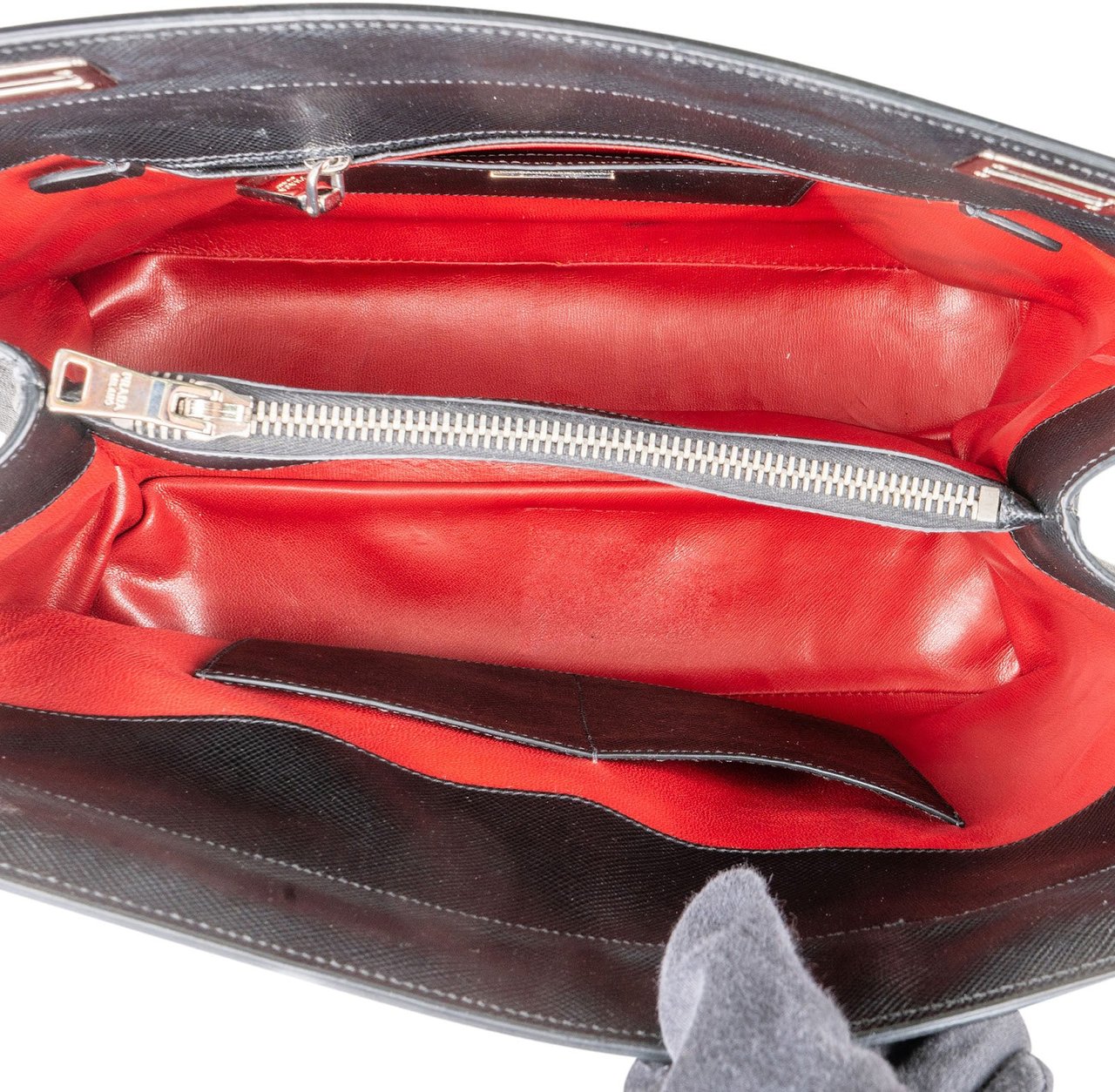 Prada Black Saffiano Leather Lux Turnlock Double Handbag Zwart