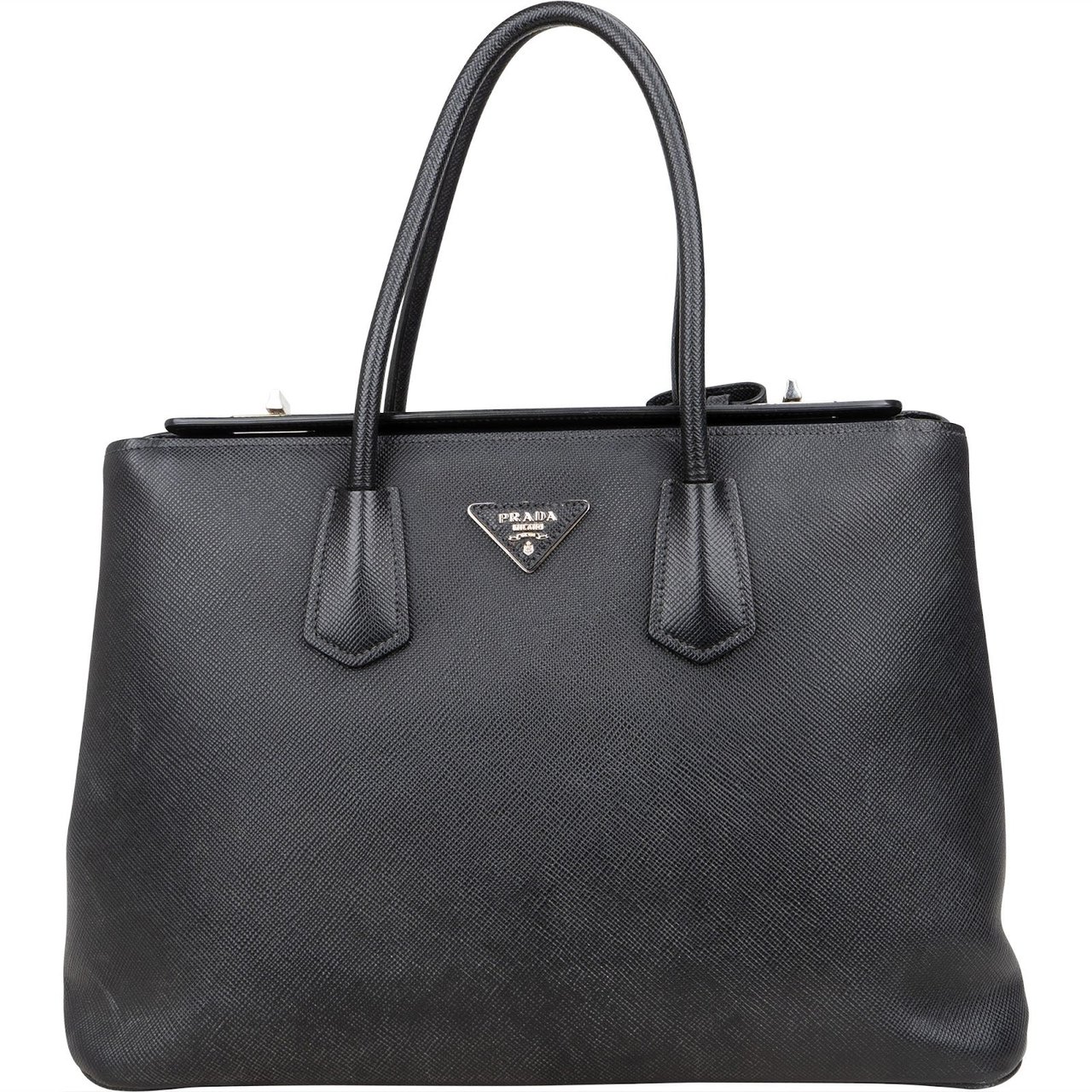 Prada Black Saffiano Leather Lux Turnlock Double Handbag Zwart