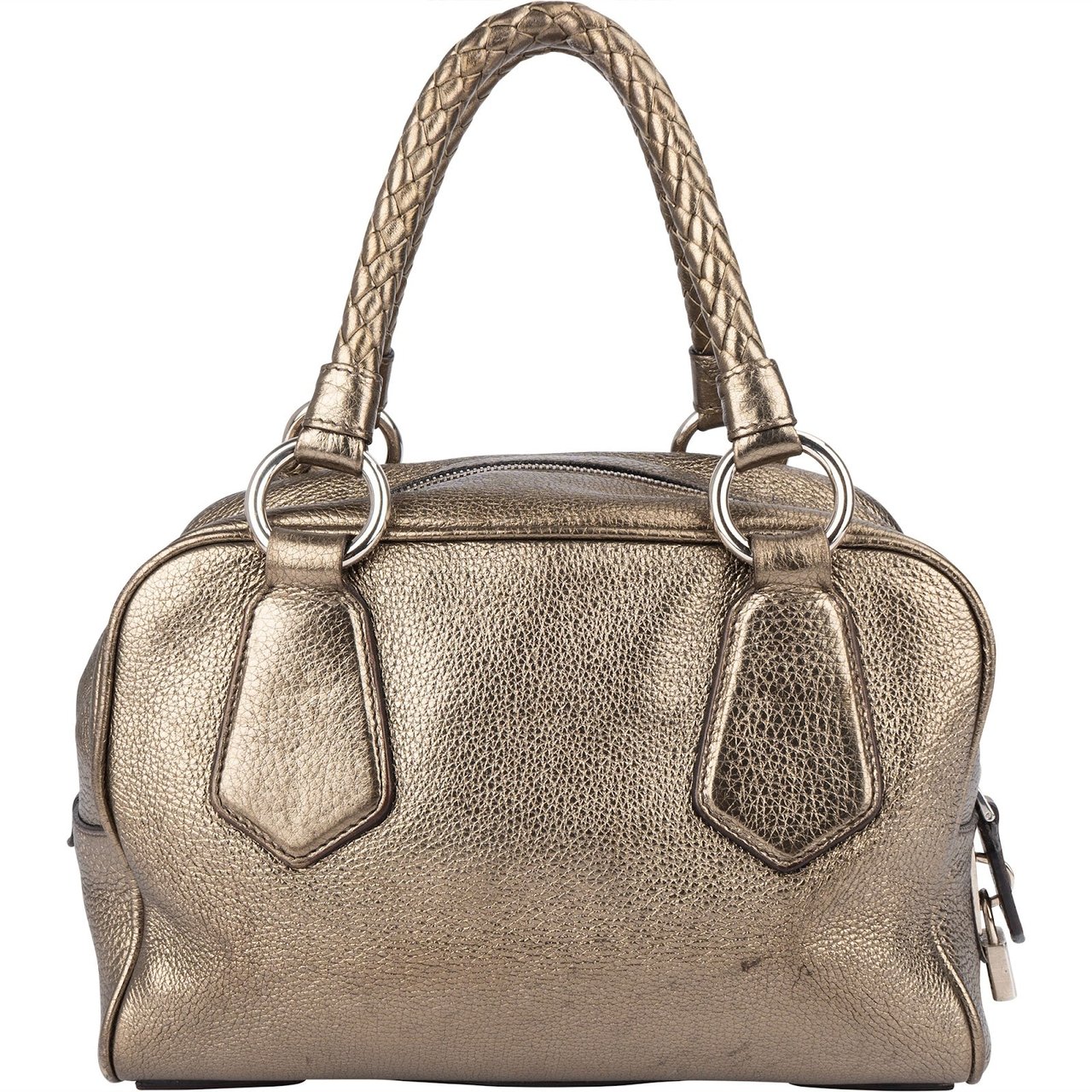 Prada Prada Metallic Pebbled Leather Bauletto Handbag Goud